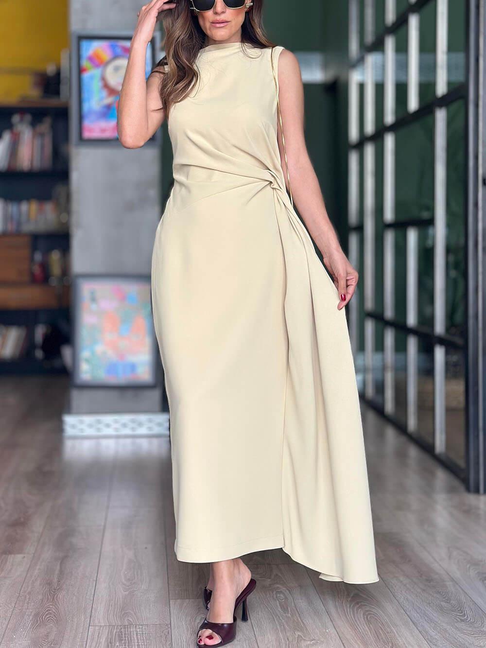 Aurohaya Exquisite Romantic Night Unique Pleated Back Slit Maxi Dress Apricot