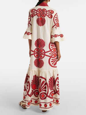 Aurohaya Classic Unique Ethnic Print Button Decoration Loose Maxi Dress