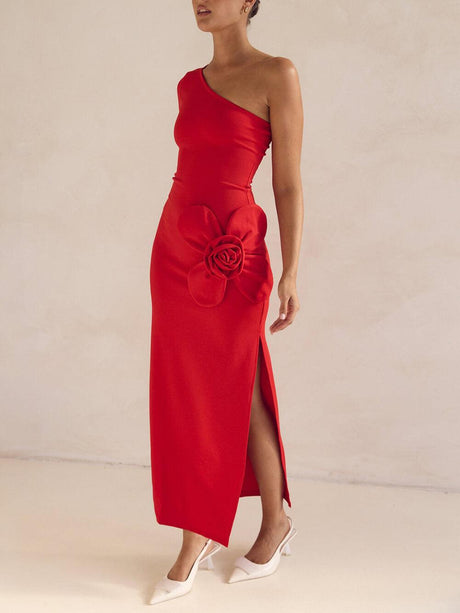 Aurohaya Exquisite One-Shoulder Neckline Flower Decoration Side Slit Prom Maxi Dress