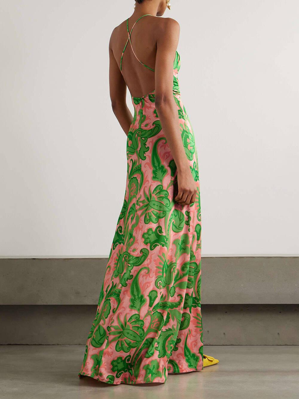 Aurohaya Beautiful Cutout Printed Satin Maxi Dress