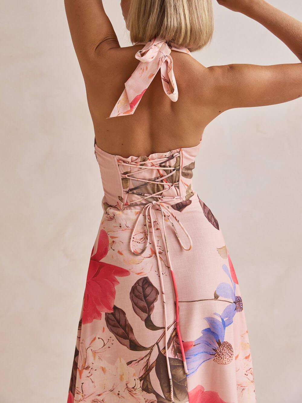 Aurohaya Retro Terez Linen Floral Print Halter Backless Tie-Up Maxi Dress