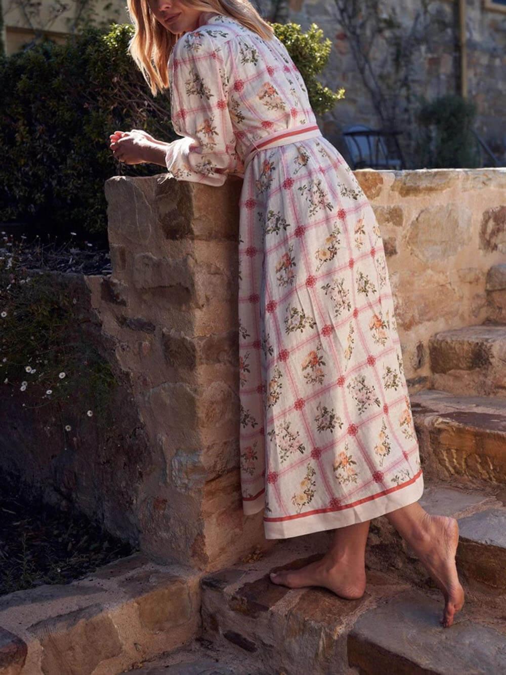 Aurohaya Classic Casual Unique Floral Print Tie Cardigan Dress