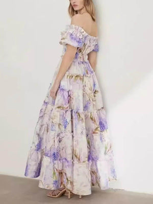 Aurohaya Elegant Off-Shoulder Printed Organza Fairy Evening Gown Maxi Dress Purple