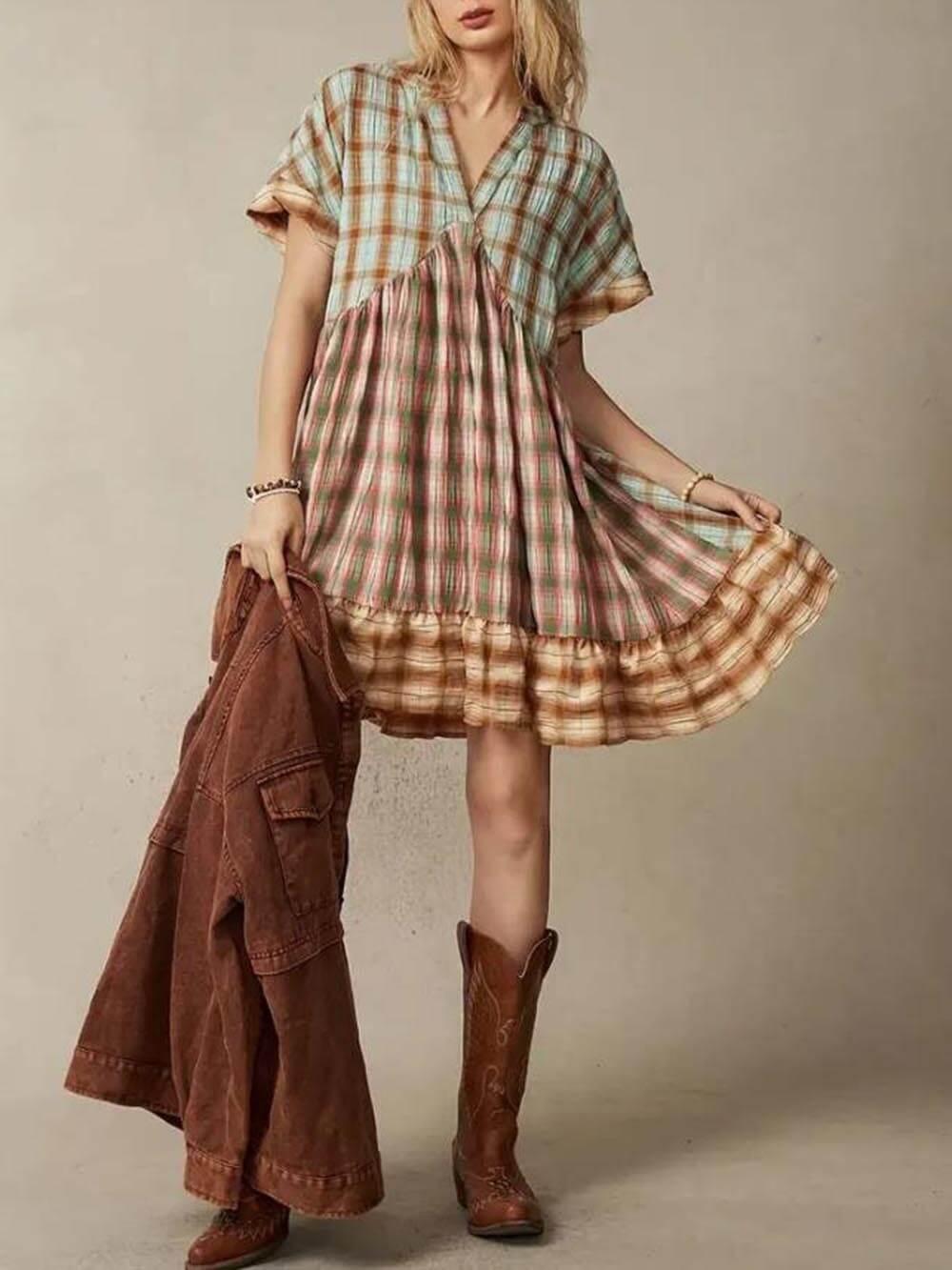 Aurohaya Unique Multicolored Plaid Patchwork Vacation Mini Dress Multicolor