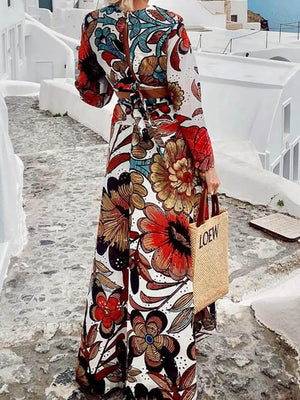 Aurohaya Unique Colorful Print Navel-Baring Lace-Up Maxi Dress