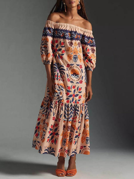 Aurohaya Retro Island Lover Printed Off The Shoulder Pocketed Flowy Midi Dress