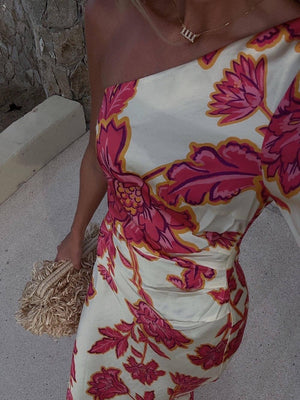 Aurohaya Unique Satin Floral Print One Shoulder Flared Maxi Dress