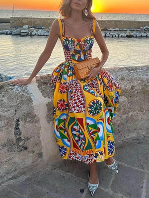 Aurohaya Unique Sunset Walk Ethnic Pattern Print Backless Midi Dress Multicolor