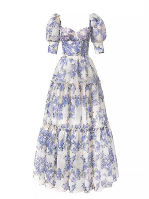 Aurohaya Elegant And Fashionable Off-Shoulder Printed Organza Evening Gown Maxi Dress