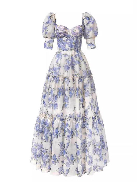 Aurohaya Elegant And Fashionable Off-Shoulder Printed Organza Evening Gown Maxi Dress