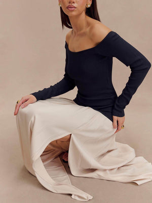 Aurohaya Elegant Two-Tone Stitching Slit Off-Shoulder Maxi Dress