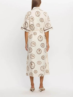 Aurohaya Modern Feel Linen Unique Ocean Print Cardigan Button Midi Dress