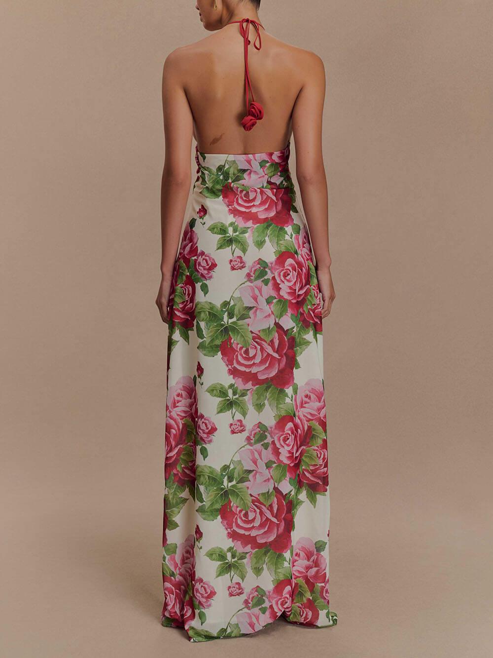 Aurohaya Romance Elegance Rose Printed Applique Cowl Neck Maxi Dress