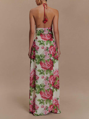 Aurohaya Romance Elegance Rose Printed Applique Cowl Neck Maxi Dress