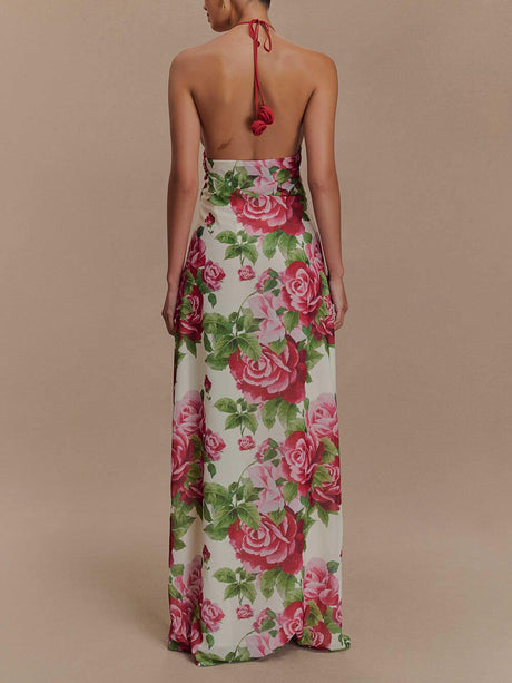 Aurohaya Romance Elegance Rose Printed Applique Cowl Neck Maxi Dress