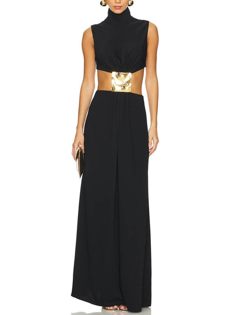 Aurohaya Elegant High Neck Metal Decoration Cutout Waist Maxi Dress Black