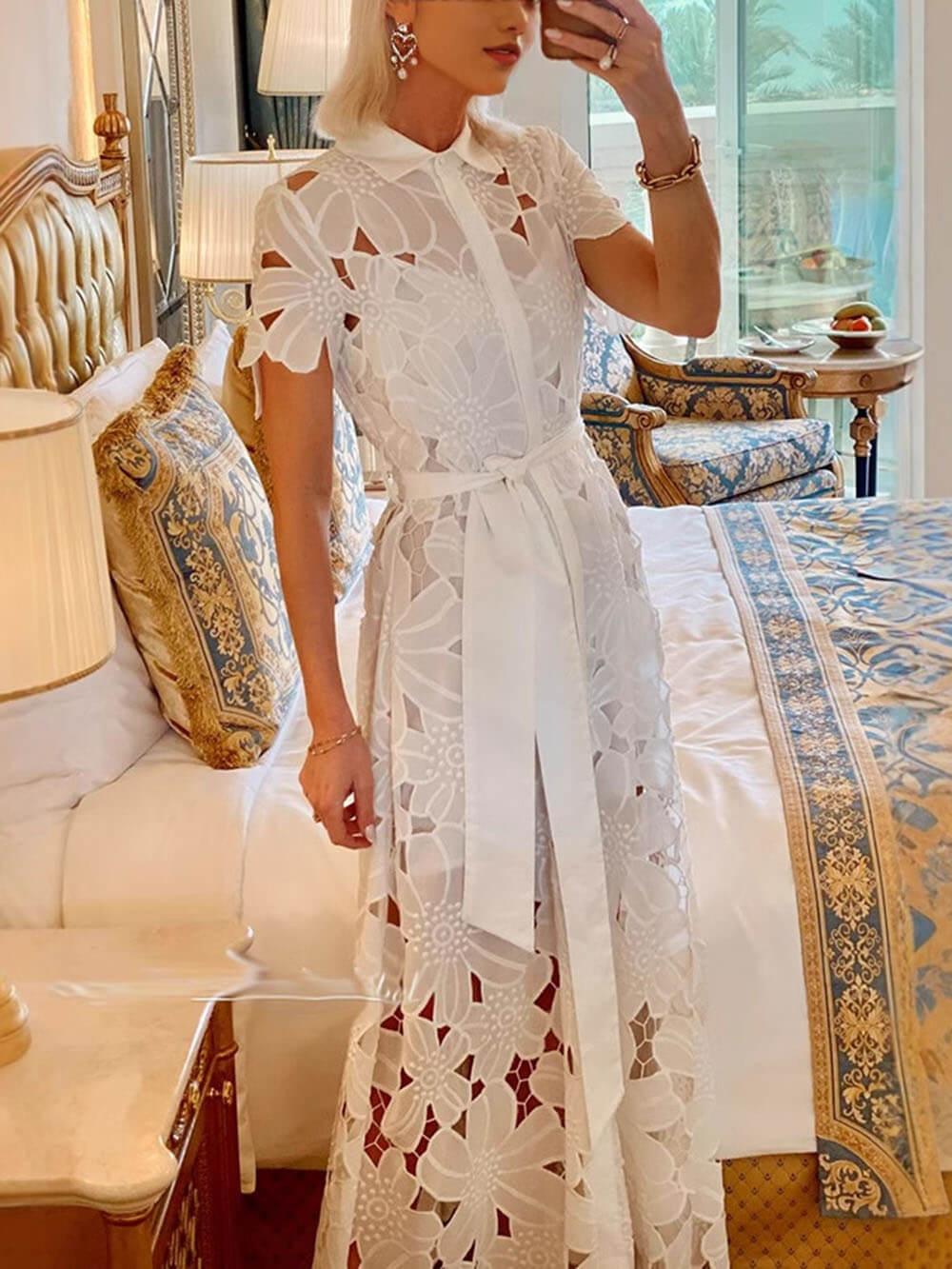 Aurohaya Summer Casual Lace Cardigan Single-Breasted Maxi Dress