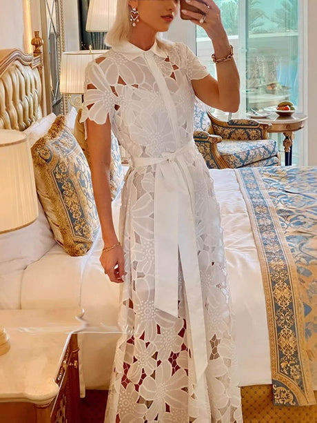 Aurohaya Summer Casual Lace Cardigan Single-Breasted Maxi Dress