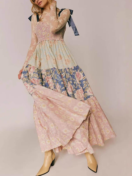 Aurohaya Classic French Fashion Floral Print Slip Dress Pink