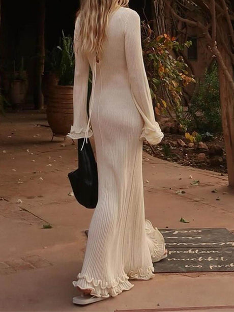 Aurohaya Elegant Trumpet Sleeves Rolled Hem Knitted Round Neck Maxi Dress