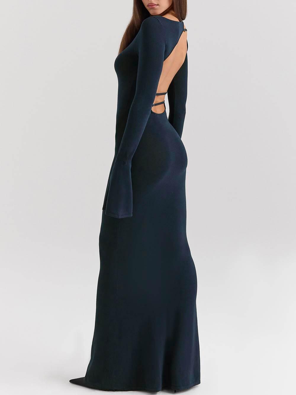 Aurohaya Elegant Midnight Blue Backless Fitted Maxi Dress