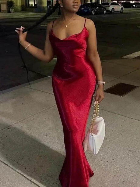 Aurohaya Elegant Satin Backless Spaghetti Strap Maxi Dress Red