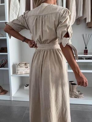 Aurohaya Unique Pleats Solid Color V-Neck Button-Down Denim Midi Dress