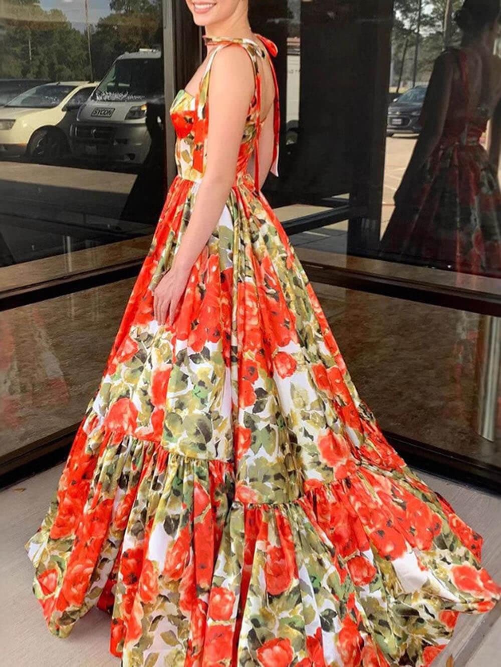 Aurohaya Elegant And Sexy Floral Print Open Back Ruffled High Tie Swing Maxi Dress