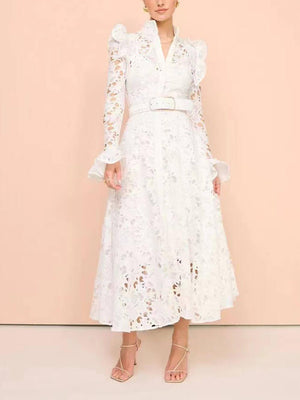 Aurohaya Elegant Hollow Lace Trumpet Sleeve Party Evening Gown Maxi Dress