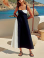 Aurohaya Simple Contrast Color Sling Back Smocked Maxi Dress Navy Blue