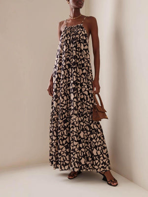 Aurohaya Fashionable Design Printed Backless Holiday Style Suspender Maxi Dress Black