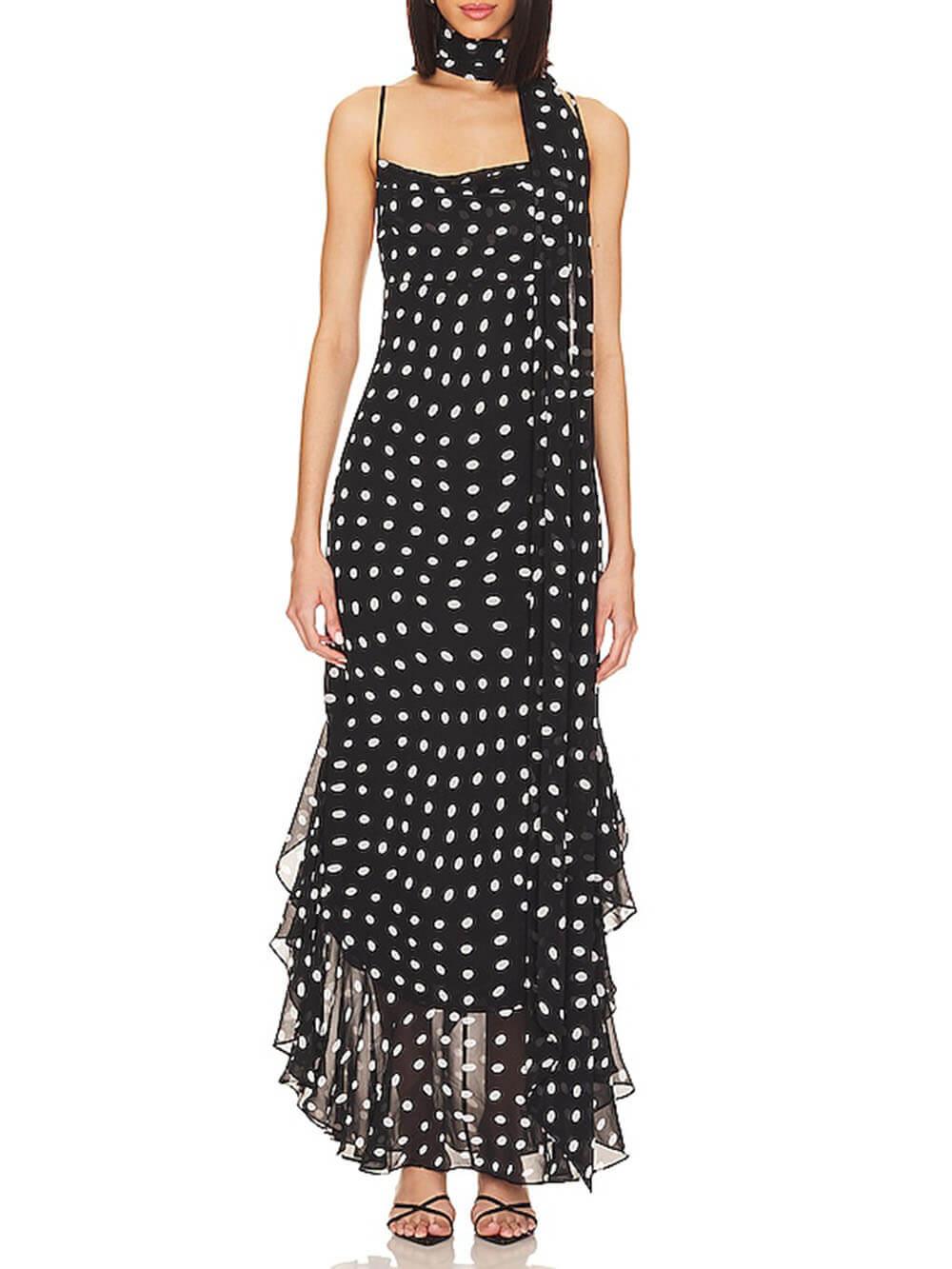 Aurohaya Delicate Polka Dot Print Halter Chiffon Ruffle Trim Maxi Dress