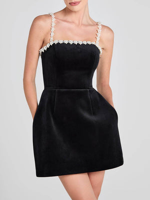 Aurohaya Classic Sweet Pearl Trim Straps Pocketed Tulip Style Mini Dress