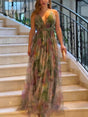 Aurohaya Elegant Casual Mesh Print Suspender Wide Swing Maxi Dress Military Green