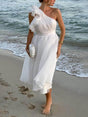Aurohaya Unique Romantic Seaside One Shoulder Frill Detail Sleeve Layered Midi Dress White