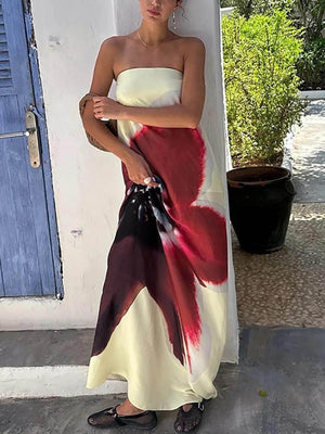Aurohaya Elegant Floral Print Sexy Strapless Backless Maxi Dress Yellow