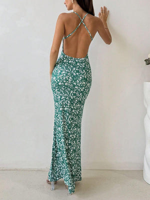 Aurohaya Sweet And Fresh Halter Back Floral Print Holiday Style Maxi Dress
