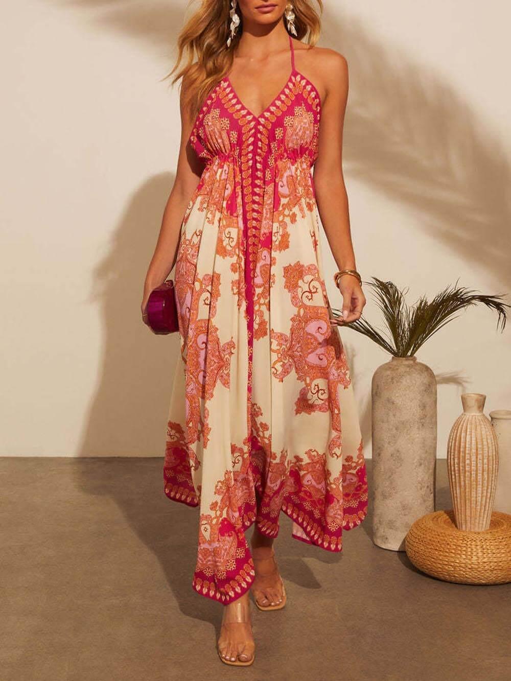 Aurohaya Elegant Off-Shoulder V-Neck Suspender Print Swing Dress Red