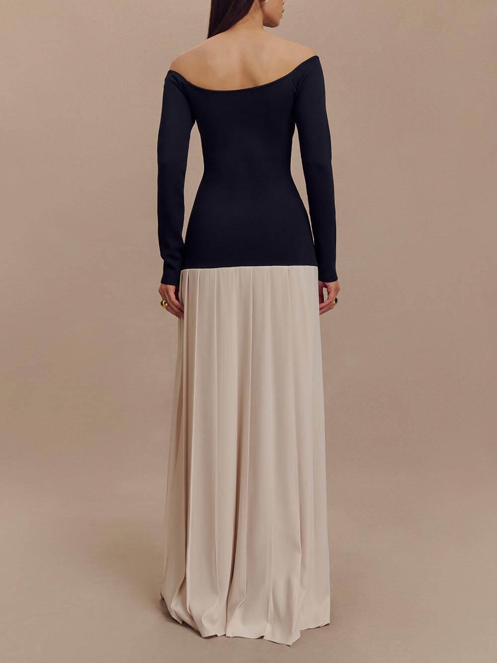 Aurohaya Elegant Two-Tone Stitching Slit Off-Shoulder Maxi Dress