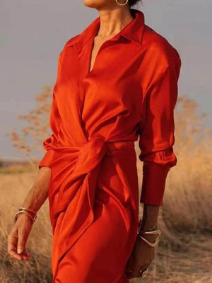 Aurohaya Modern Satin Wrap Shirt-Style Tie-Slit Maxi Dress