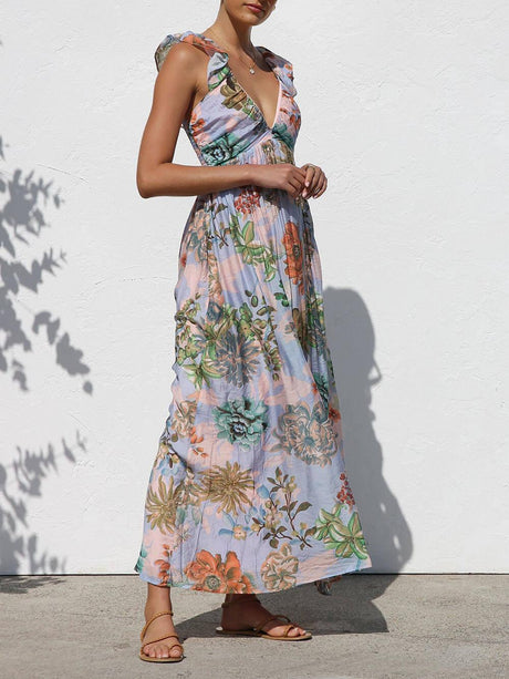 Aurohaya Beautifully Pleated Unique Floral Print Ruffle Sleeve Maxi Dress