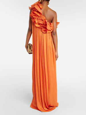 Aurohaya Romantic Moment Unique One Shoulder Applique Ruffle Pleated Dress