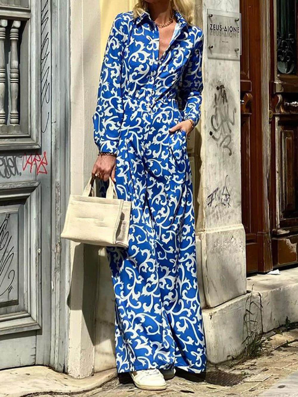 Aurohaya Fashion Print Lapel Waist Midi Dress