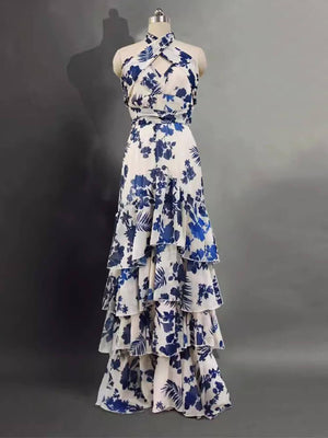 Aurohaya Unique Bohemian Holiday Style Strappy Lolita Swing Print Dress