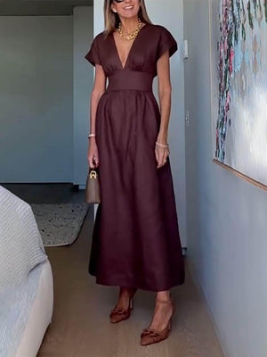 Aurohaya Classic Linen Blend Short Sleeve Fitted Waist Maxi Dress Coffee