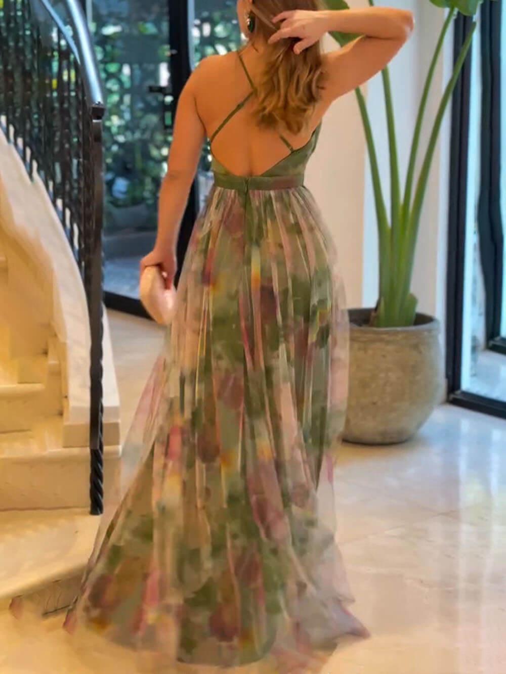 Aurohaya Elegant Casual Mesh Print Suspender Wide Swing Maxi Dress