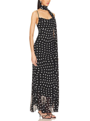Aurohaya Delicate Polka Dot Print Halter Chiffon Ruffle Trim Maxi Dress