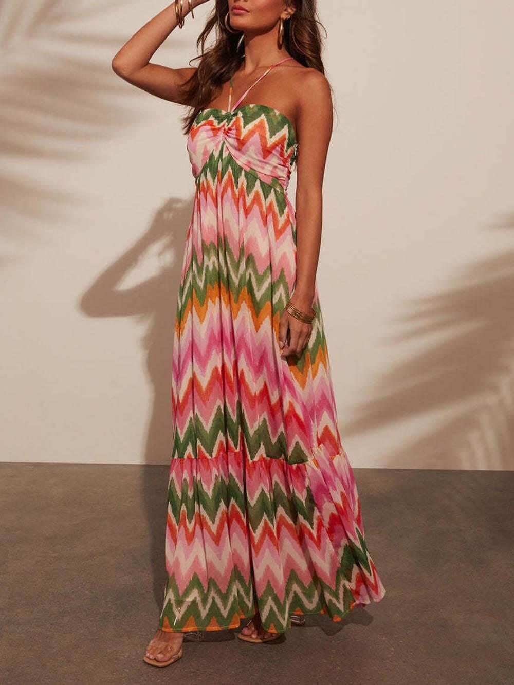 Aurohaya Unique Wave Print Suspender Maxi Dress