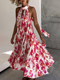 Aurohaya Delicate Floral Print Halter Neck Tie Hollow Pleated Midi Dress Pink