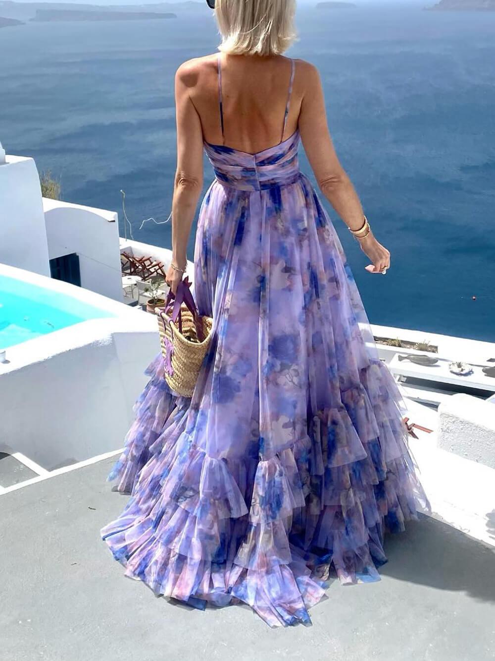 Aurohaya Elegant Floral Print Chiffon Layered Halter Maxi Dress